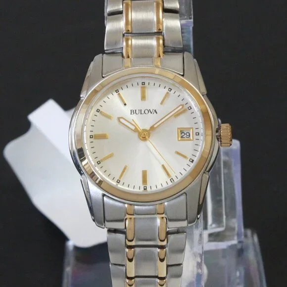 Bulova Women's Quartz Watch Two-Tone Case Silver Sunray Dial Date 26mm - Picture 6 of 13